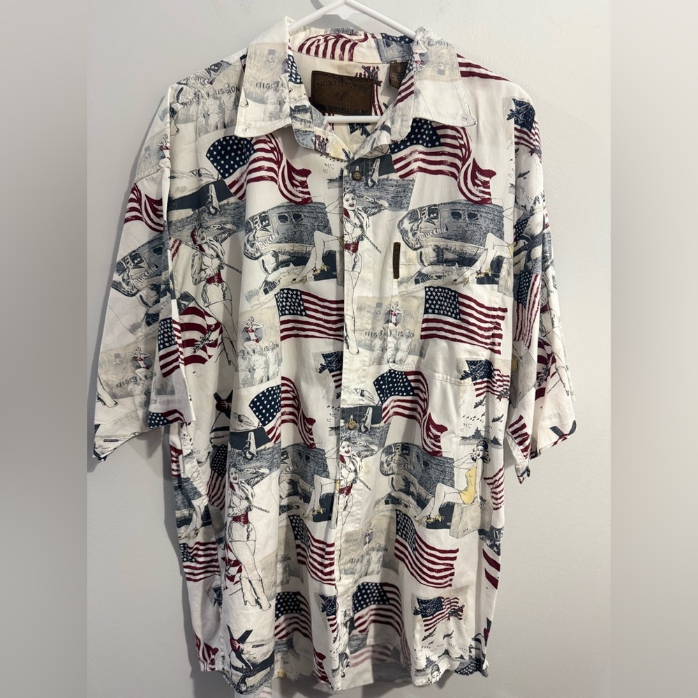 North River American Patriotic Short Sleeve Button-Down Shirt Mens Size XL